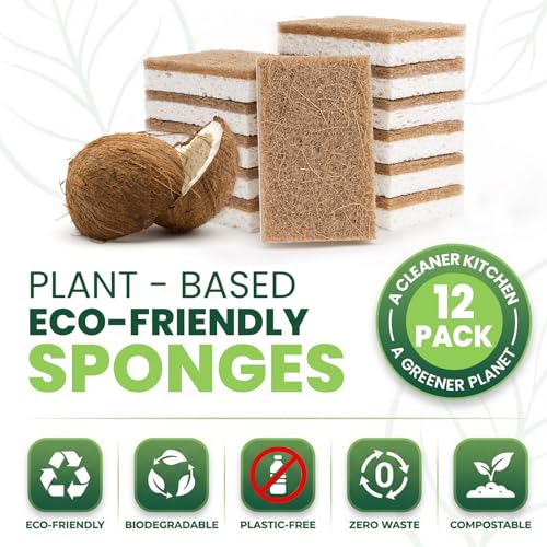 Metflavor Kitchen Sponges, 12 Count, Natural Sponge with Coconut Scrubber - color: Brown, size: 12 Pack