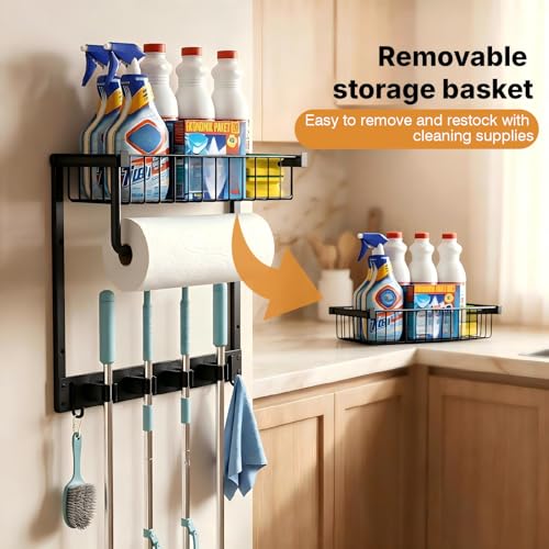 Broom Holder Wall Mount with Paper Towel Holder& Removable Anti-fall Basket
