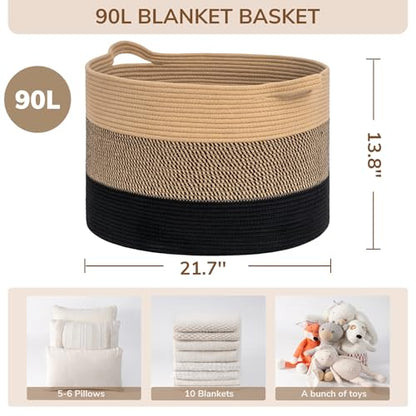 INDRESSME XXXLarge Woven Rope Blanket Basket Living Room, 90L - color: Camel Mix & Black, size: 21.7"D x 13.8"H