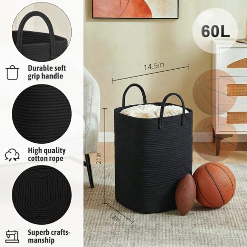 Artfeel Laundry Basket,Woven Cotton Rope Laundry Hamper,60L Versatile Storage for Dirty Clothes,Baby Toys,and Blankets in Bathroom, Nursery,and Living Room - color: Darkblack, size: 60L