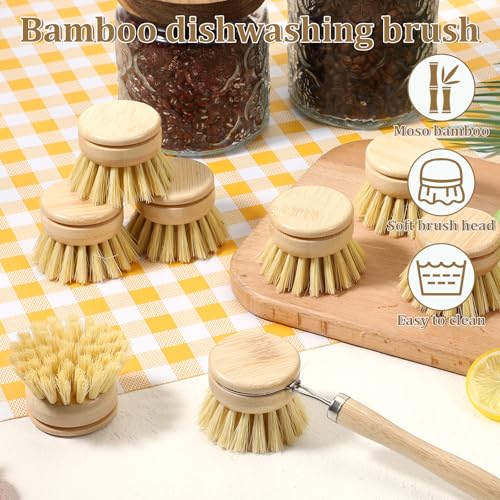 8 Pcs Bamboo Dish Brush with Handle, Natural Sisal Bristle Scrubber Includes 7 Replacement Brush Heads Wooden Kitchen Dish Brushes for Pots, Pans, Bowls, Dishes Cleaning