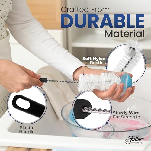 Fuller's Bottle & Tumbler Cleaning Brush - 15” Long Handle with Soft Nylon Bristles | Twist-Wire Design for Travel Mugs, Jars, Vases & Water Bottles | Durable, Dishwasher Safe & Non-Slip Grip