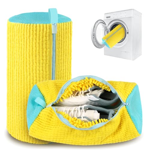 2 Pack Shoe Washing Machine Bag, Laundry Shoe Bag for Washer and Dryer, Reusable Shoe Cleaning Bag for Sneakers and All Shoes Types with Self-Locking Zipper (Yellow) - color: Yellow