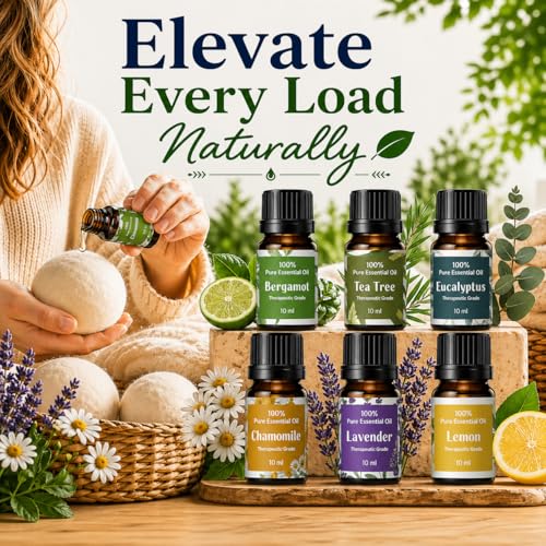 Essential Oils for Laundry, Dryer Balls & Diffusers | 60ml | 6 Pack of the Most Sought-After Scents for Aromatherapy | Lavender, Tea Tree, Eucalyptus, Bergamot, Lemon & Chamomile - color: Top 6 Essential Oil Set