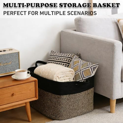 96L Laundry Basket with Handles, Extra Blanket Basket, Black/Jute - color: Black & Jute, size: 96L