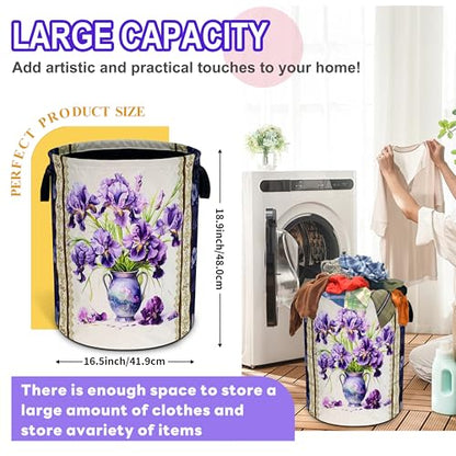 Purple Iris Flower Laundry Basket Oxford Cloth Floral Hamper 18.9 x 16.5 In - color: Iris Flower