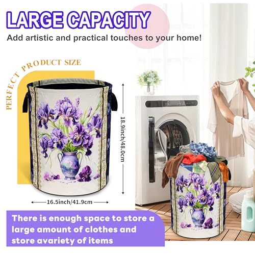 Purple Iris Flower Laundry Basket Oxford Cloth Floral Hamper 18.9 x 16.5 In - color: Iris Flower