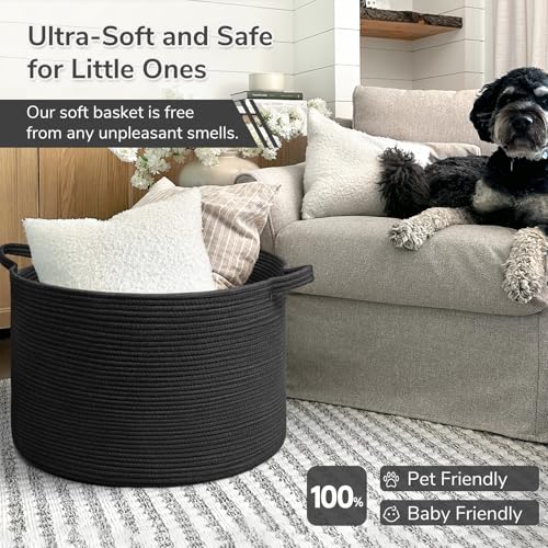 INDRESSME XXXLarge Woven Rope Blanket Basket Living Room Black, 90L - color: Black, size: 21.7"D x 13.8"H