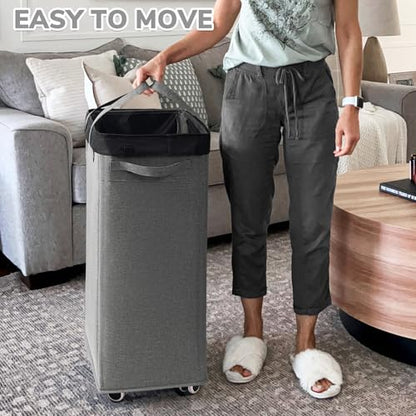 CHICVITA 100L Slim Laundry Basket with Wheels & Wash Bag, Light Grey - color: Light Grey, size: 100L (16.5"L x 12.6"W x 29.5"H)