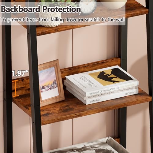 Furologee Ladder Shelf, 5 Tier Bookshelf with Fabric Drawer, Rustic Brown - color: Rustic Brown, size: 5-Tier, 15" W