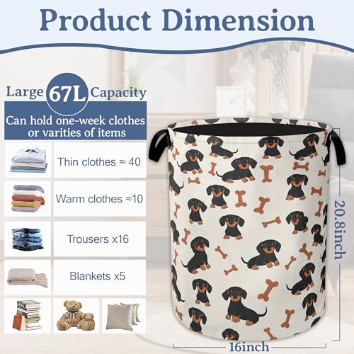 Cute Dachshund Laundry Basket,Foldable Oxford Cloth Bone Laundry Hamper With Handle, 20.8"x16" Portable Clothes Storage Basket Bag for Laundry Room/Bathroom/Bedroom/Dormitories - color: Cute Dachshund Bone