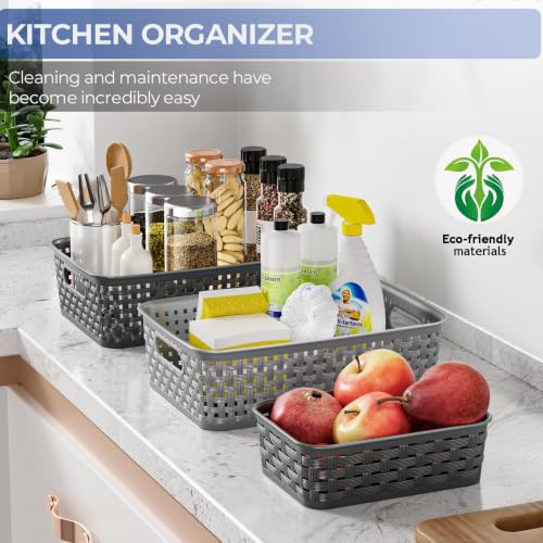 6 Pack Plastic Storage Baskets, Small Baskets for Organizing, Plastic Storage Bins Wicker Pantry Organizer Bins Household Toys for Laundry Room, Bedrooms, Kitchens, Cabinets, Countertops - color: 6 Pack Large Drak