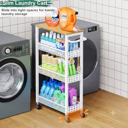 Laundry Room Slim Rolling Cart with Wheels for Between Washer and Dryer Gap - color: Light White, size: 7.1″ Wide