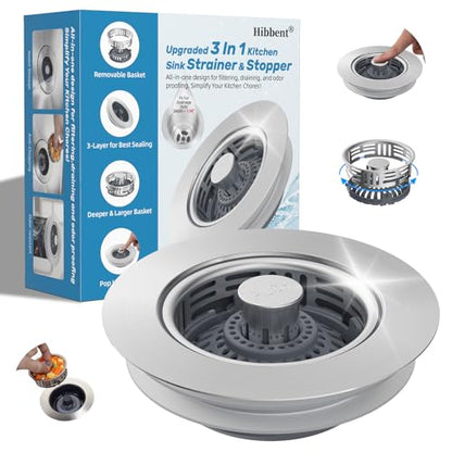 Hibbent 3 in 1 Kitchen Sink Drain Strainer, Metal Pop Up Stopper - color: Brushed Stainless Steel