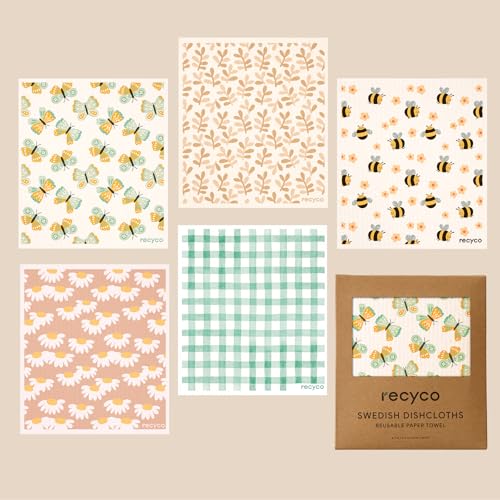 RECYCO Swedish Dishcloths for Kitchen | 5 Pack Gingham Flutter Washable Dish Rags | Cellulose Reusable Cleaning Paper Towels | Absorbent Counter Dish Cloth Sponge Kitchen Wipes, 8" L x 7" W - color: Gingham Flutter - 5 Pack