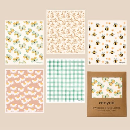 RECYCO Swedish Dishcloths for Kitchen | 5 Pack Gingham Flutter Washable Dish Rags | Cellulose Reusable Cleaning Paper Towels | Absorbent Counter Dish Cloth Sponge Kitchen Wipes, 8" L x 7" W - color: Gingham Flutter - 5 Pack