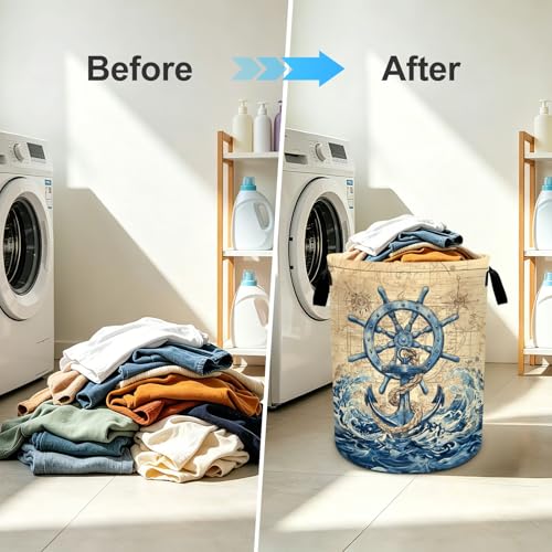 Nautical Laundry Basket Foldable Oxford Laundry Hamper With Handle For Room Bathroom Bedroom - color: Nautical