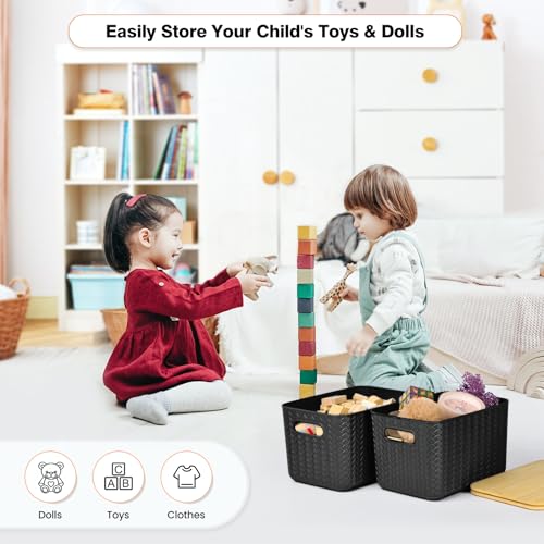 Ohmlove 4 Pack Storage Bins with Bamboo Lids,Stackable Box for Organization - color: Black