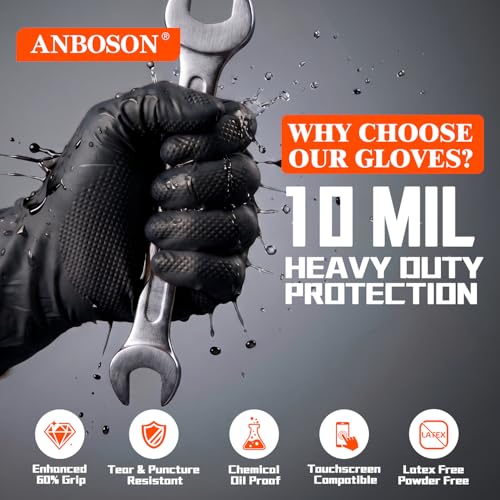 ANBOSON 10 Mil Heavy Duty Industrial Nitrile Gloves, Black Large 500 Count - color: Black-500, size: Large