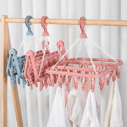 32-Clip Hanging Drying Rack, Thickened Plastic Windproof Clothes Hanger with Clips, Foldable Sock Drying Rack for Underwear, Clothes, Towels and Small Laundry, Indoor Outdoor Laundry Hanger (Blue) - color: Blue