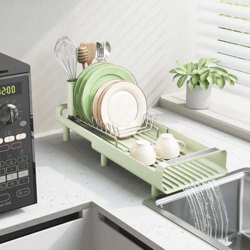 TOOLF Small Dish Drying Rack, Expandable and Space-Saving, Grayish Green - color: Soft Celery Green