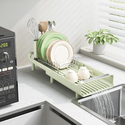TOOLF Small Dish Drying Rack, Expandable and Space-Saving, Grayish Green - color: Soft Celery Green