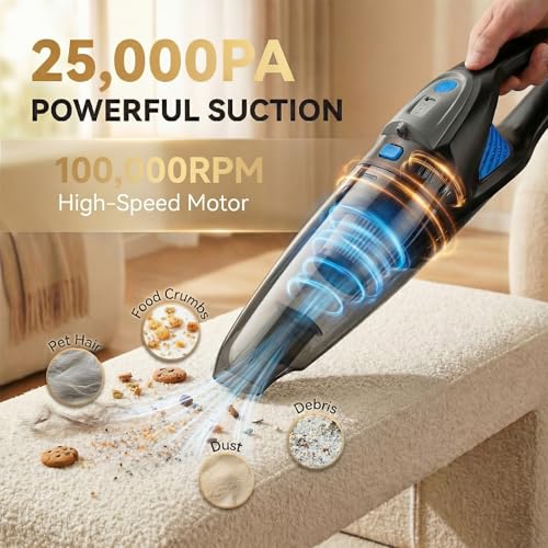 Handheld Vacuum Cordless, 25000Pa Powerful Suction Car Vacuum Portable Cordless with 8000mAh Battery & LED Light, Hand Held Vacuum Rechargeable with HEPA Filters, Home, Car Seats, Pet Hair Blue - color: Blue