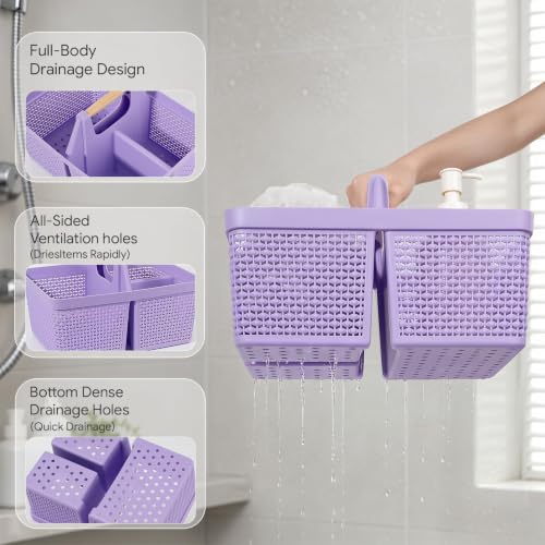 UUJOLY Portable Plastic Shower Caddy Basket with Wooden Handle, Purple - color: Purple