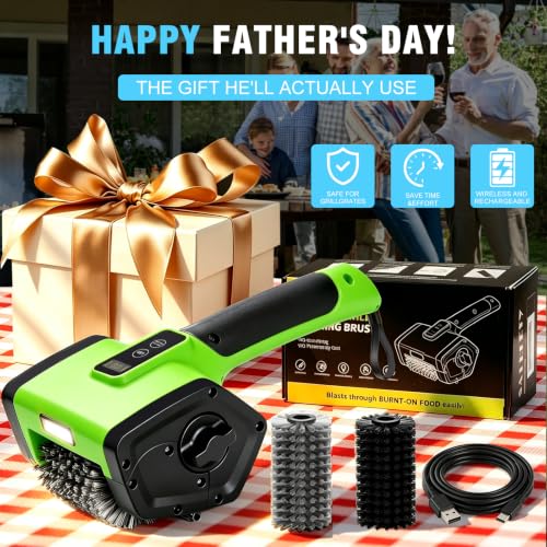 Electric Grill Brush,2-Speed Rechargeable BBQ Grill Cleaner, up to 160 min Runtime, 304 Stainless Steel Brush, LED Light, 2 Brush Heads Included, Most Outdoor Grill Grates - color: Green