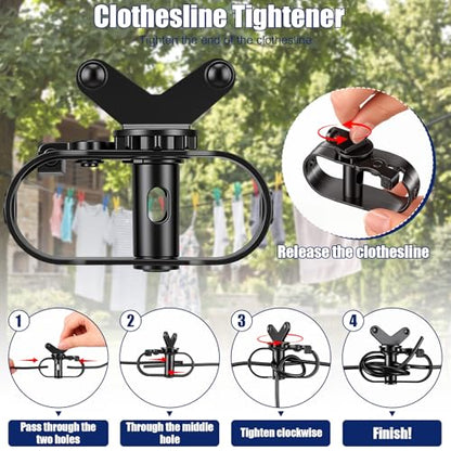 Hicarer 150ft Outdoor Clothesline Kit Black PVC Coated Galvanized Clothes Steel Line Pulley Kit with Clothesline Heavy Duty Nylon Pulley M10 Metal Hooks Winch Separator Clothes Line for Backyard