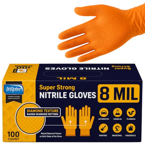 Inspire Heavy Duty Orange Nitrile Gloves | ULTRA 8 Mil Diamond Textured Grip | Industrial Mechanic Disposable Cleaning Gloves - size: Medium