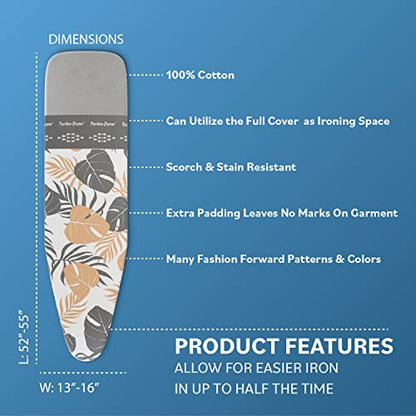 Bartnelli Ironing Board Cover and Pad, Made in Europe with New Patent Technology | 54x15 Iron Board Replacement Cover Featuring Park & Turbo Zone, Scorch Resistant 100% Cotton Thick Layered Top - color: Beige Leaves