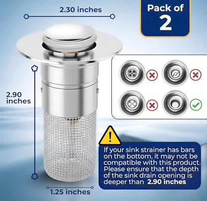 Bathroom Sink Drain Strainer with Removable Basket – 2 Pack Bathroom Sink Stopper Plug & Pop Up Drain Stopper | 2.90 x 2.30 x 1.25 inches | Easy to Clean Hair Catcher