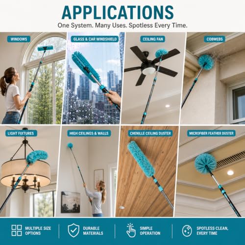 High Ceiling Duster Kit with 3-7.5T Heavy Duty Extension Pole, Reaches Up to 25FT, Includes Microfiber Feather Duster, Cobweb and Ceiling Fan Duster, Window Squeegee Cleaner & Skylight Hook (7FT) - size: 7.5FT