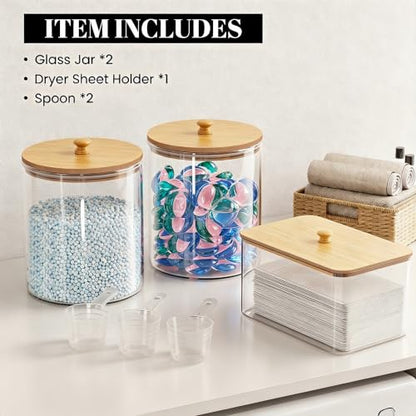 HomePekite Glass Laundry Pods Storage Container & Acrylic Dryer Sheet Holder, Laundry Room Organization and Storage, Detergent Powder Container, with Wooden Lids & Labels, 2+1 Pack - color: Bamboo