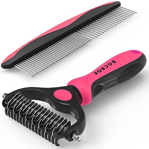 Docrok Pet Grooming Brush and Metal Comb Combo for Dogs & Cats, Pink - color: Pink