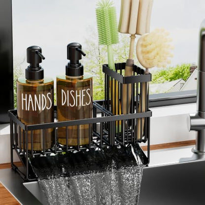 MASADI Kitchen Dish Soap Dispenser Set with Sponge Holder, 12OZ Glass Bottle, Hand and Dish Soap Dispenser Set, Non-Slip Silicone Pad, Brush Holder, Kitchen Sink Organizer Countertop (Black+Amber) - color: Black+amber