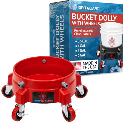 Grit Guard Bucket Dolly with Wheels - Rolling Detailing Wash Bucket with 5 Wheels and 2 Locking Casters Compatible with 2.5, 4, 5 and 6 Gallon Buckets (Red, 3" Red Casters) - Made in the USA - color: Red, size: 3" Red Casters