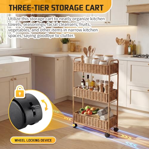 FOCHIER F Utility Slim Storage Cart,3-Tier Rolling Kitchen Office Laundry Room Cart,Mobile Shelving Unit Organizer for Living Room Bathroom Baby Diaper Narrow Places (Natural, 3 Tiers-7.1 inch (W)) - color: Natural