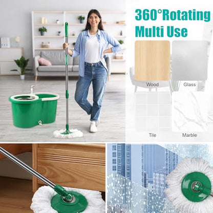 Spin Mop and Bucket with Wringer Set, 3 Microfiber Mop Heads, 61" Handle - color: Green
