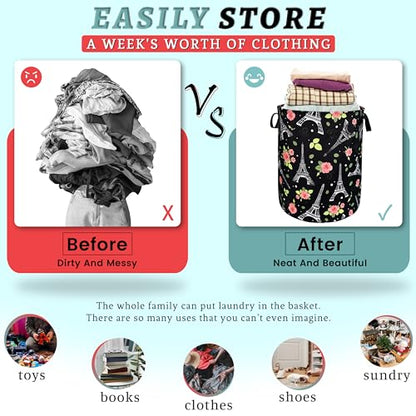 Retro Eiffel Tower Laundry Basket Oxford Cloth Foldable Hamper 18.9x16.5 In - color: Eiffel Tower and Rose Flowers