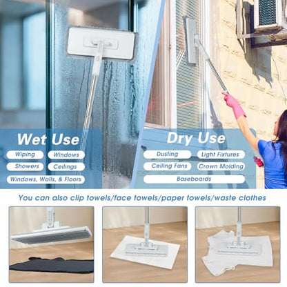 4 in 1 Snap Grip Mini Mop with Squeegee, Floor Scrub Brush with Long Handle