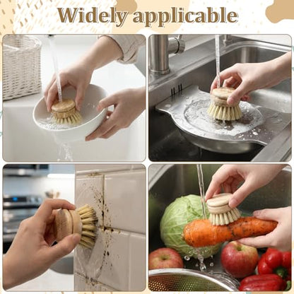 8 Pcs Bamboo Dish Brush with Handle, Natural Sisal Bristle Scrubber Includes 7 Replacement Brush Heads Wooden Kitchen Dish Brushes for Pots, Pans, Bowls, Dishes Cleaning