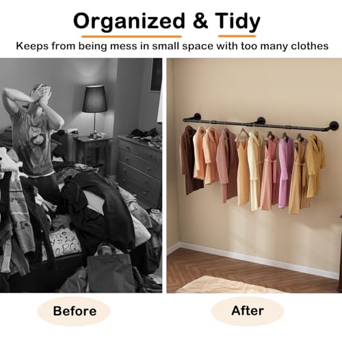 Wall Mounted Clothes Rack, 52.6in Industrial Pipe Clothing Rack for Hanging Clothes, Heavy Duty Garment Rack Wall, Space-Saving Bar, Multi-Purpose Hanging Rod for Laundry Room, Bedroom, 2Packs - size: 52.6Inches