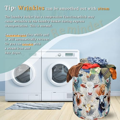Watercolor Cows Laundry Basket Foldable Oxford Cloth Hamper 18.9"x16.5" - color: Watercolor Cows Animals Pattern