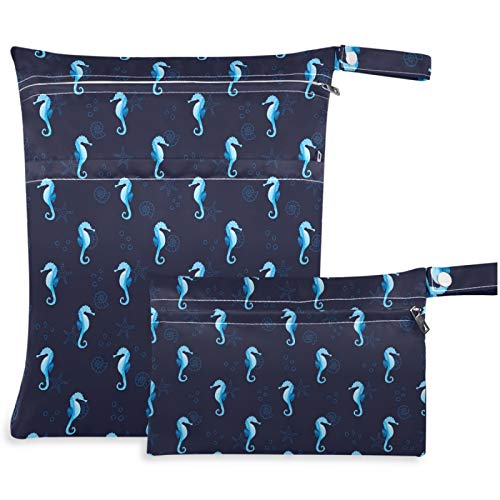 visesunny Blue Sea Horse and Starfish Animal 2Pcs Wet Bag with Zippered Pockets Washable Reusable Roomy for Travel,Beach,Pool,Daycare,Stroller,Diapers,Dirty Gym Clothes, Wet Swimsuits, Toiletries