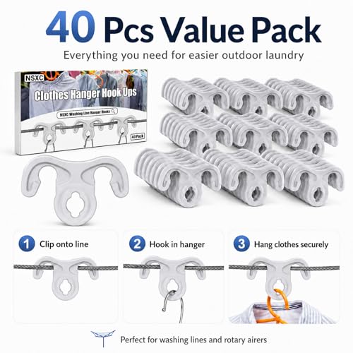 40 Pcs Clothesline Hanger Hooks, Windproof Hanger Hook Ups for Outdoor Clotheslines, Strong Grip ABS Laundry Hooks for Clothes Hangers, No Clothespin Marks, Fits Retractable and Rotary Clotheslines
