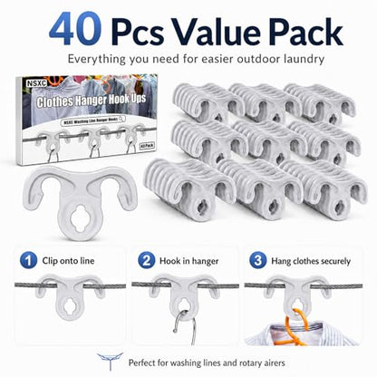 40 Pcs Clothesline Hanger Hooks, Windproof Hanger Hook Ups for Outdoor Clotheslines, Strong Grip ABS Laundry Hooks for Clothes Hangers, No Clothespin Marks, Fits Retractable and Rotary Clotheslines