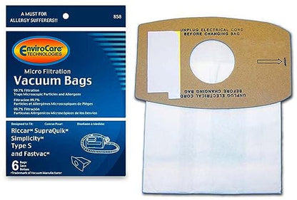 EnviroCare Replacement Micro Filtration Vacuum Cleaner Dust Bags made to fit Riccar SupraQuik and Simplicity Type S and Fastvac 6 pack