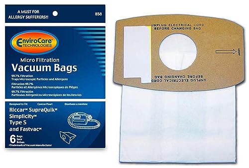 EnviroCare Replacement Micro Filtration Vacuum Cleaner Dust Bags made to fit Riccar SupraQuik and Simplicity Type S and Fastvac 6 pack